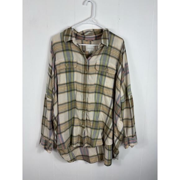 AMERICAN EAGLE AE OVERSIZED PLAID FLANNEL SHIRT WOMENS SMALL TAN BUTTON UP TOP - Picture 1 of 7